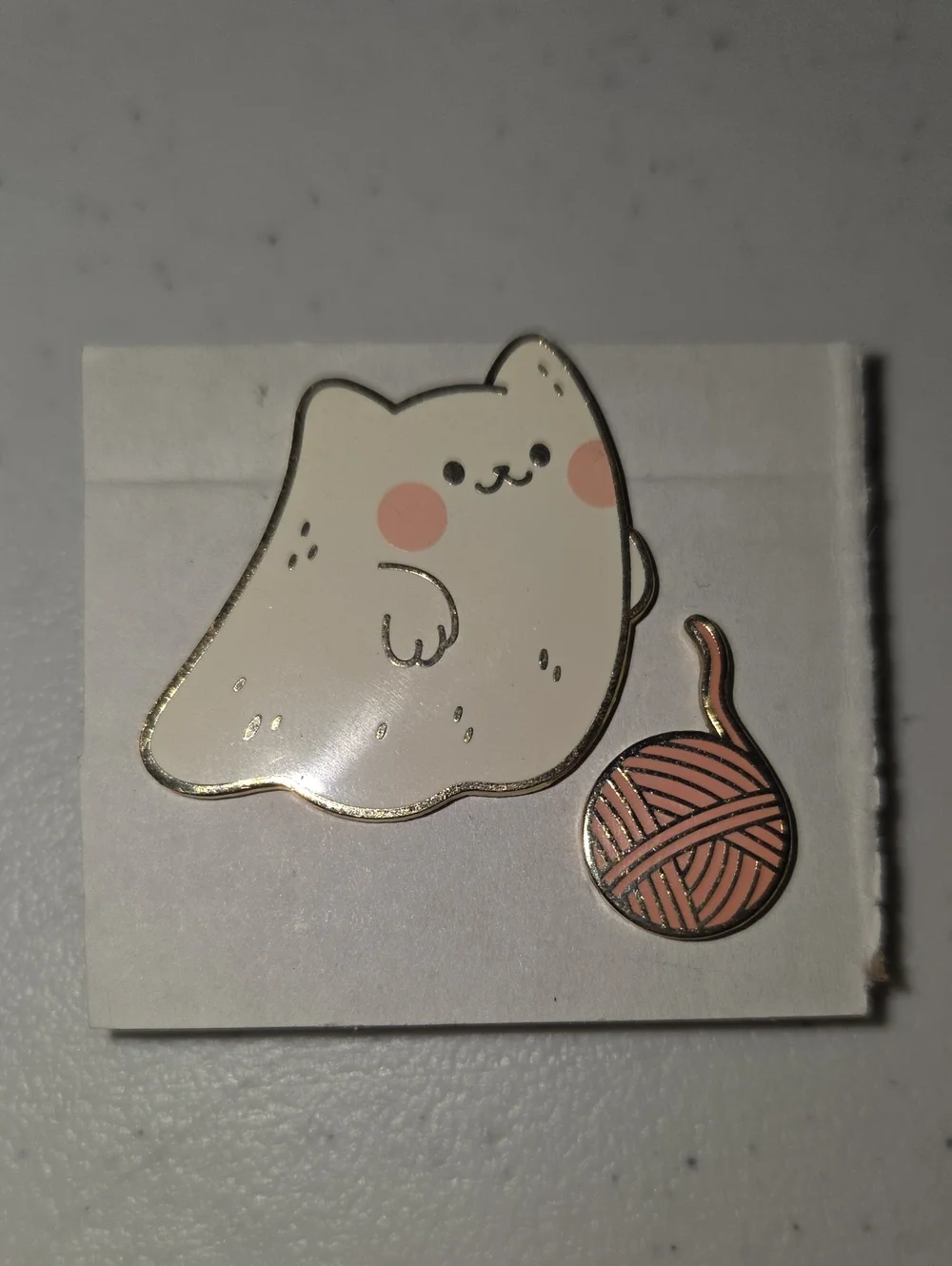 Cute White Cat with Pink Cheeks Enamel Pin - Cat & Yarn Design